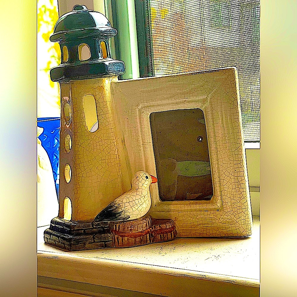 lighthouse candleholder picture frame w/seagull bird ceramic votive vtg 10" high
